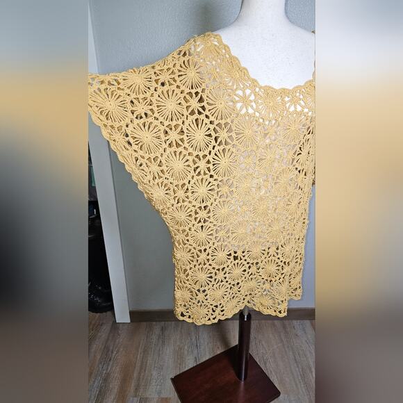 Dress Barn Mustard Yellow Crochet Scoop Neck Tunic Top Open Knit Size 2x - Picture 8 of 14